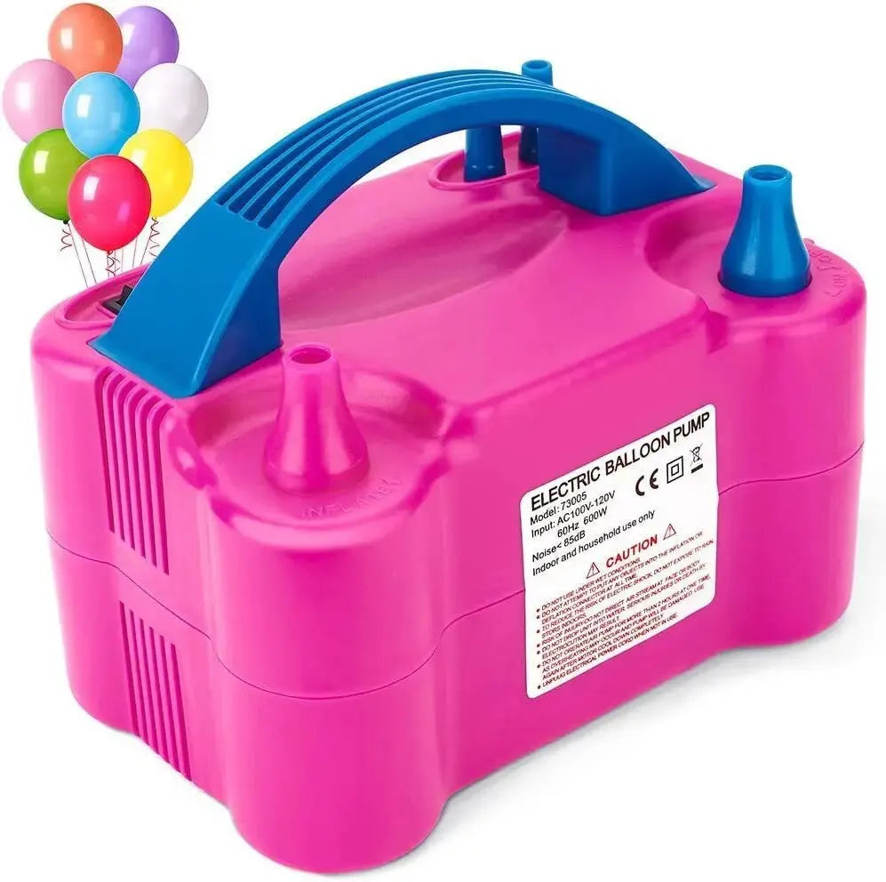 A pink electric balloon pump with a blue handle and multiple balloons visible.