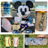 A collection of glitter and rhinestone crafts including a Mickey Mouse figure, beaded containers, and resin items.