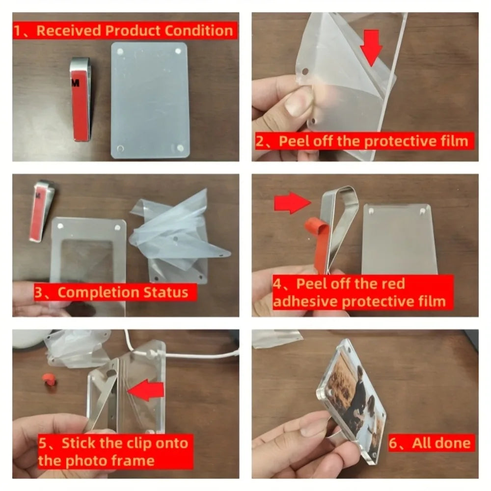 Step-by-step guide showing how to assemble a car sunshade photo frame with a magnetic visor clip holder