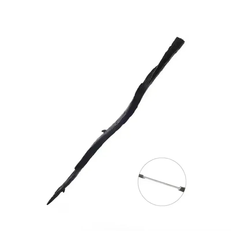 A long, thin, black metal-resin magic wand.
