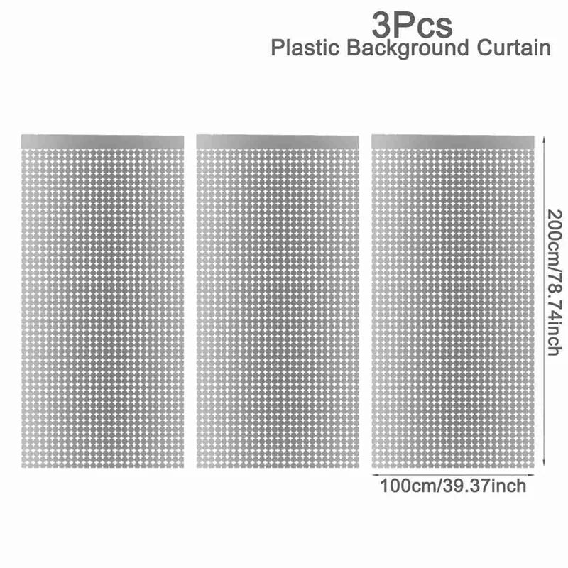 Three pieces of plastic background curtain with a silver sequin glitter pattern.
