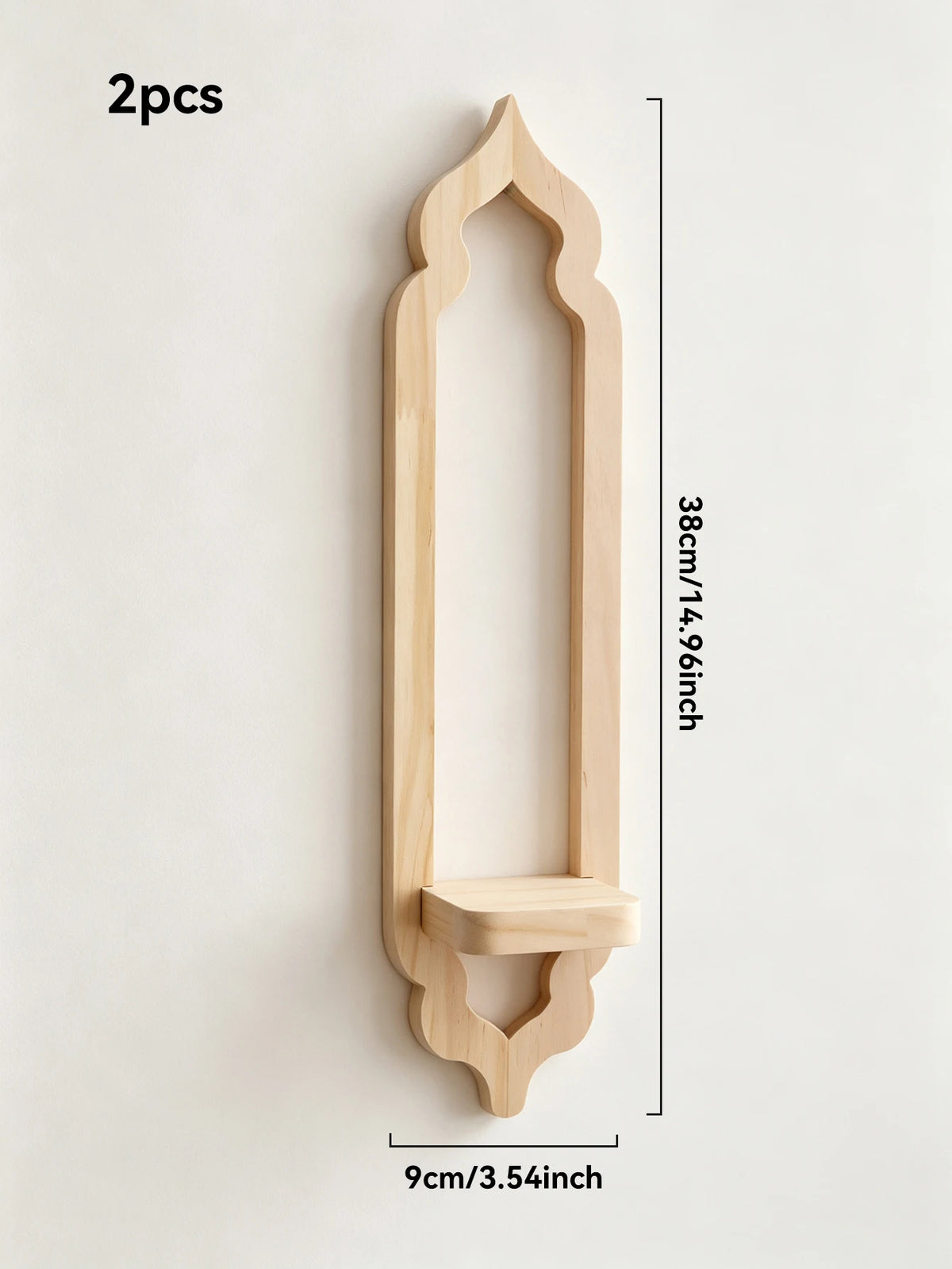 A light wood arch-shaped wall shelf with a decorative base and a small wooden shelf insert.