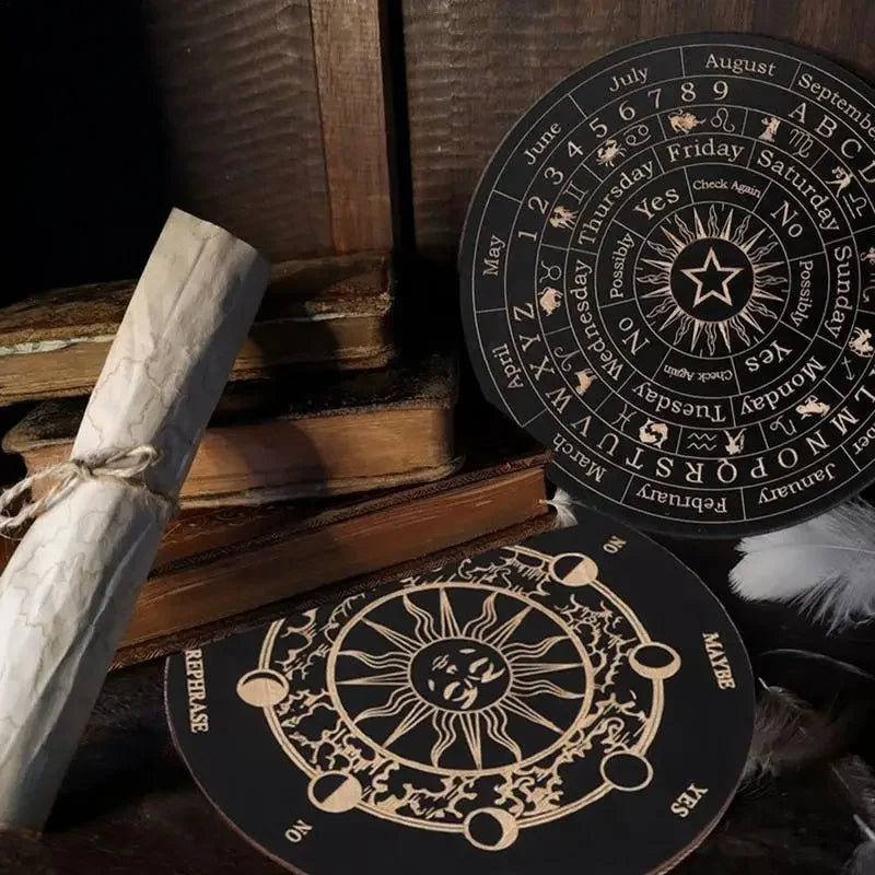 A set of wooden divination tools including a pendulum, a celestial board, and other related items for meditation.