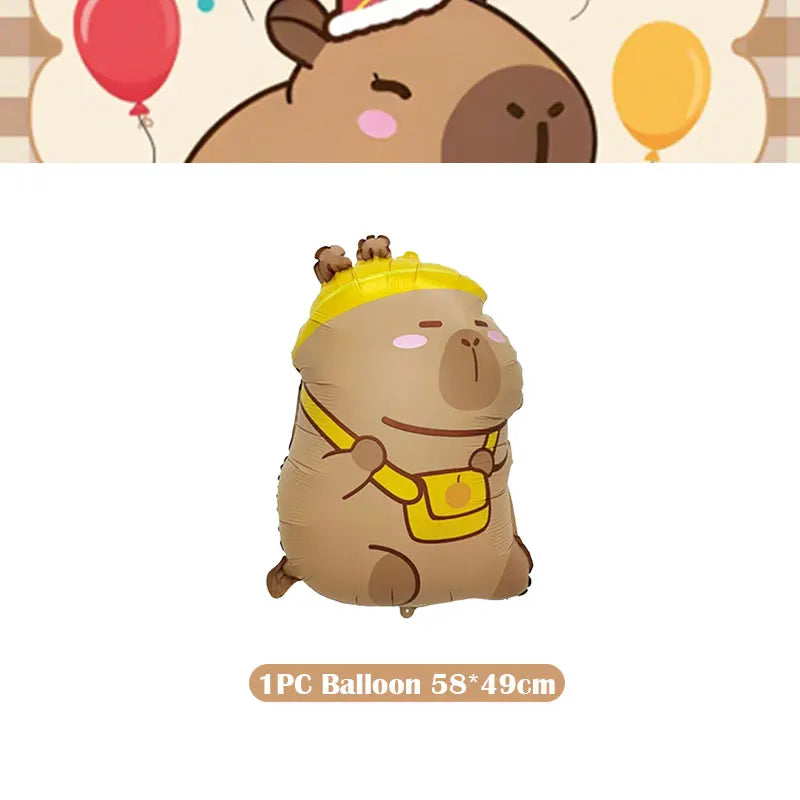 A cute brown capybara plush toy wearing a yellow party hat and yellow harness, suitable for birthday decorations.