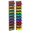 Wall-mounted hat organizer rack with multiple color-coded slots for storing hats