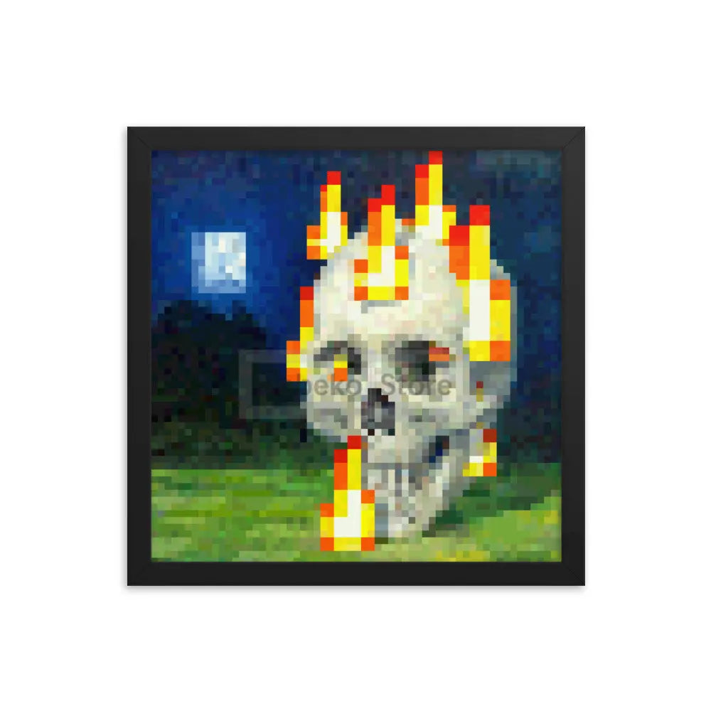 Wall art featuring a pixelated skull engulfed in flames on a dark blue background.