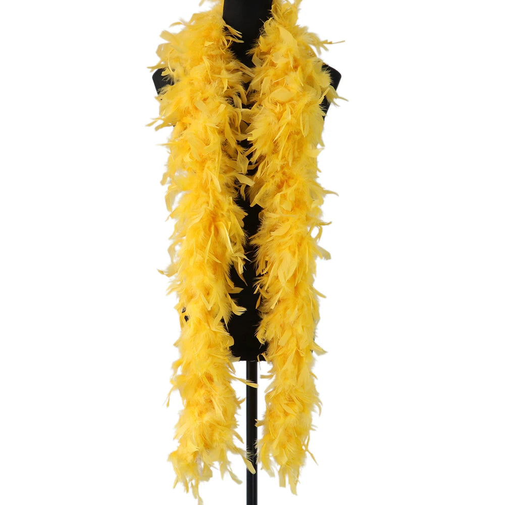 A bright yellow natural turkey feather boa displayed on a black hanger.
