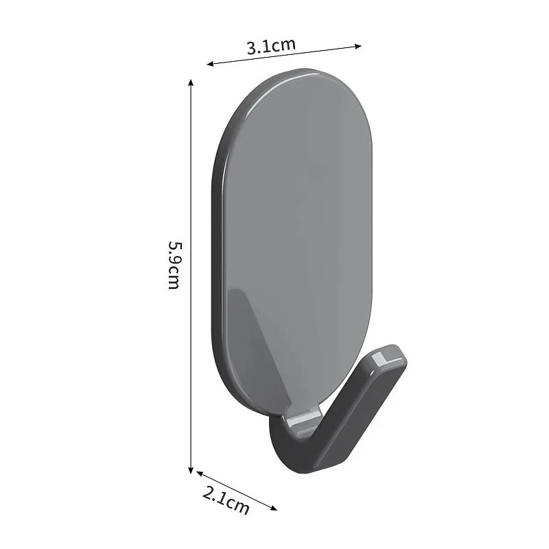A set of five self-adhesive wall hooks shown in a side view with dimensions.
