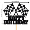 Black glitter birthday sign featuring checkered flags and the words HAPPY BIRTHDAY
