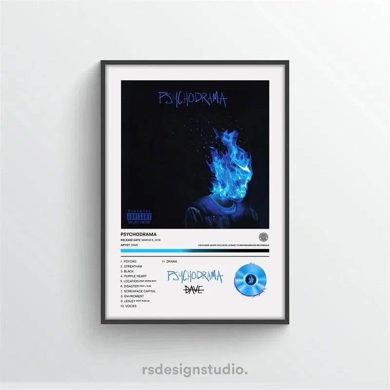 Black and white canvas wall art featuring the album cover for Psychodrama by Dave