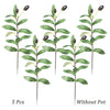 Five artificial olive tree branches with green leaves and dark berries shown next to an image labeled Without Pot