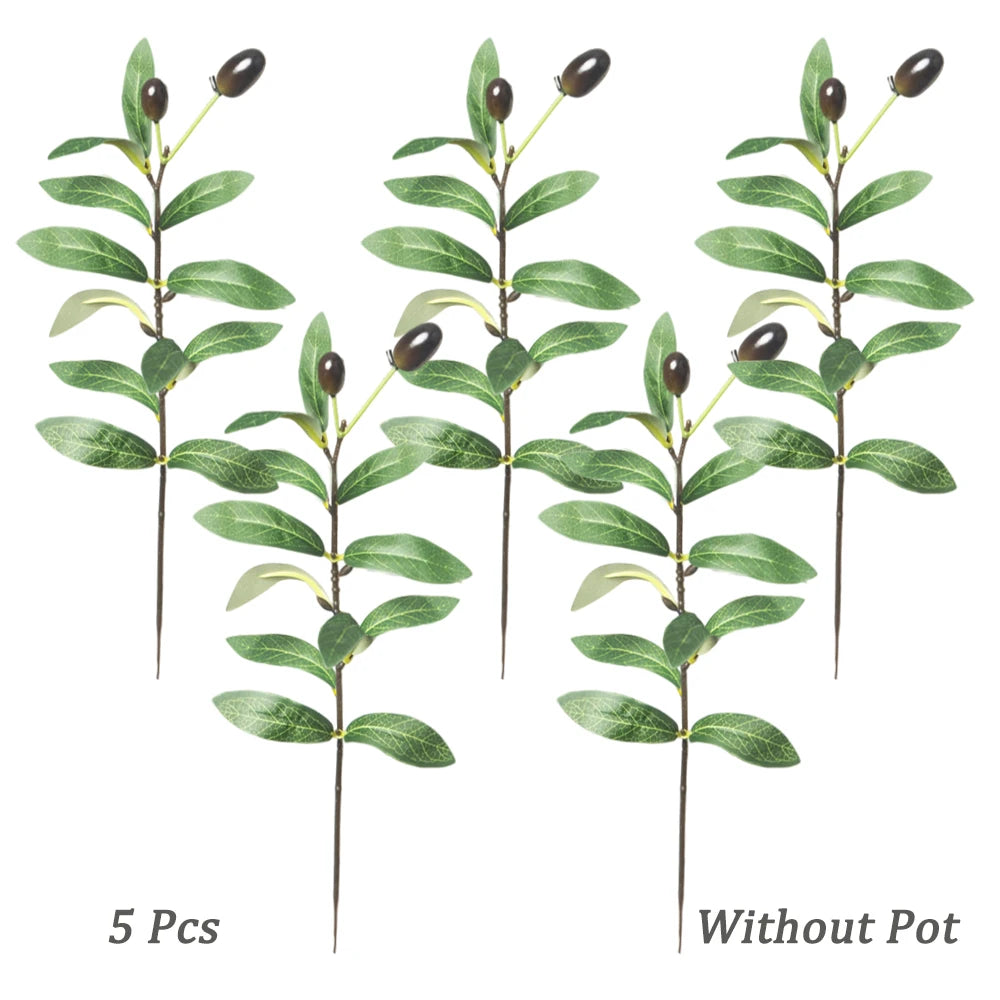 Five artificial olive tree branches with green leaves and dark berries shown next to an image labeled Without Pot