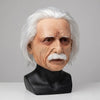 A realistic latex mask of an elderly scholar with white hair and a mustache.