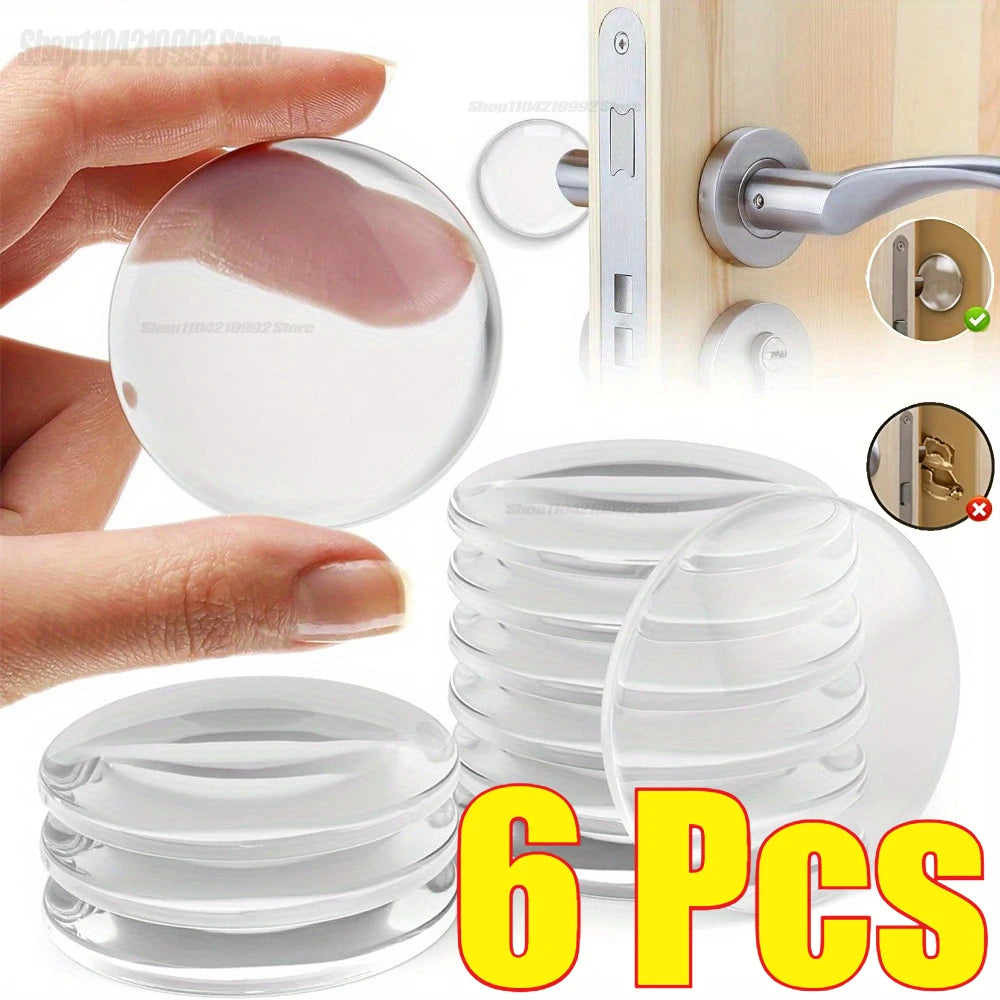 Six clear silicone adhesive door stoppers or bumpers shown next to a door handle and a hand.