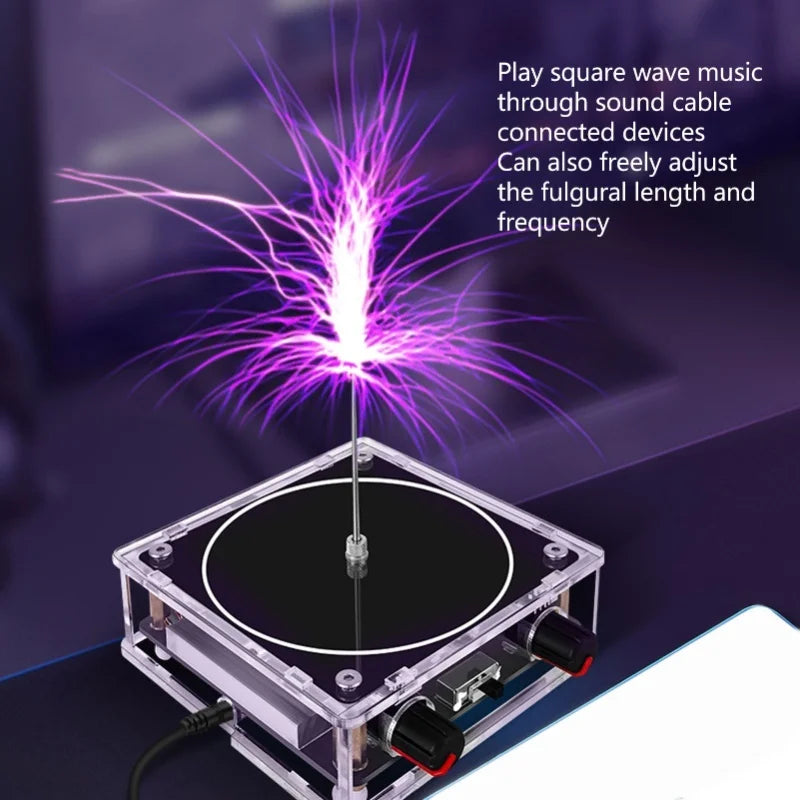 A small electronic device emitting purple plasma sparks, used to play square wave music through sound cables.