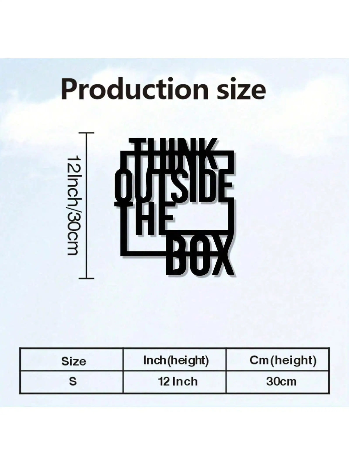 Production size diagram showing the dimensions of a metal wall decor piece, labeled S with 12 inches or 30cm height.