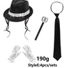 A set featuring a black sequin disco hat, a black tie, and silver glitter gloves.