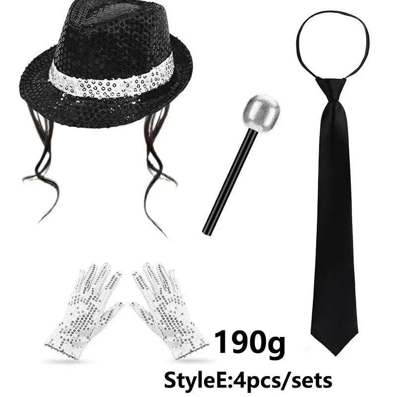 A set featuring a black sequin disco hat, a black tie, and silver glitter gloves.