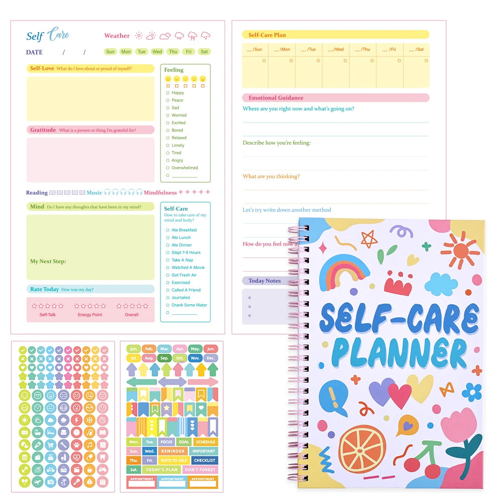 A colorful self-care planner journal with daily tracking pages and decorative stickers for happiness.