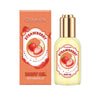 A glass bottle of strawberry body oil with a gold cap and an orange box featuring the brand name Oceaura