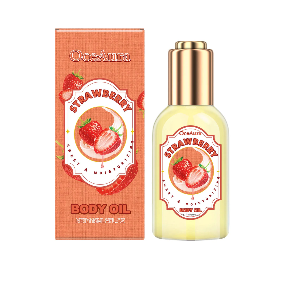 A glass bottle of strawberry body oil with a gold cap and an orange box featuring the brand name Oceaura