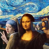 A painting depicting two young women against a swirling blue and yellow night sky.