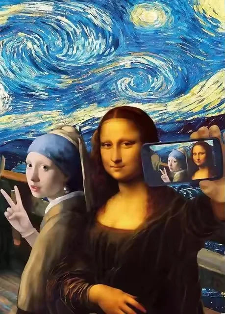 A painting depicting two young women against a swirling blue and yellow night sky.