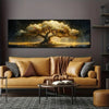 A large horizontal canvas print depicting a majestic tree with golden leaves against a dark, starry night sky.