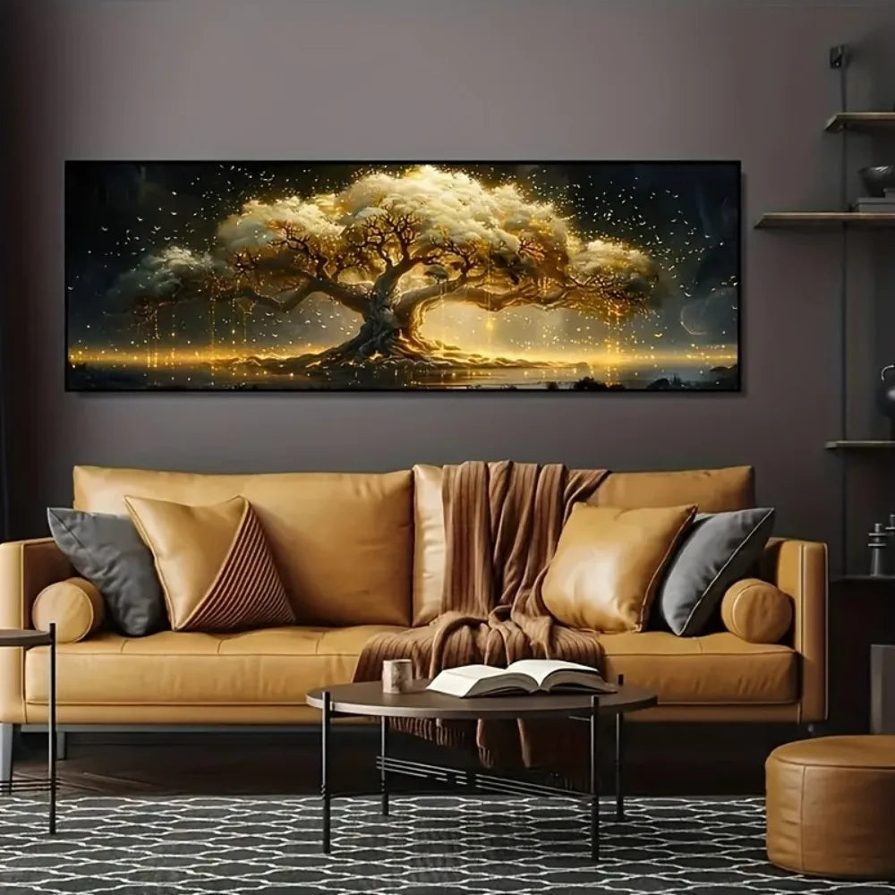 A large horizontal canvas print depicting a majestic tree with golden leaves against a dark, starry night sky.