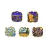 A set of five enamel pins featuring Van Gogh's art, including Starry Night and other classic paintings.