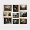 A grid of vintage spooky Halloween canvas wall art featuring prints of ghosts and pumpkins in dark, moody tones.