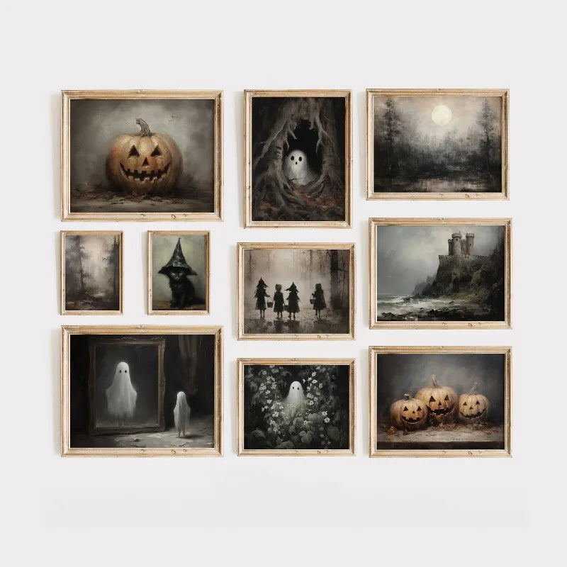A grid of vintage spooky Halloween canvas wall art featuring prints of ghosts and pumpkins in dark, moody tones.