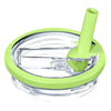 A clear glass tumbler with a lime green replacement lid and silicone stopper.