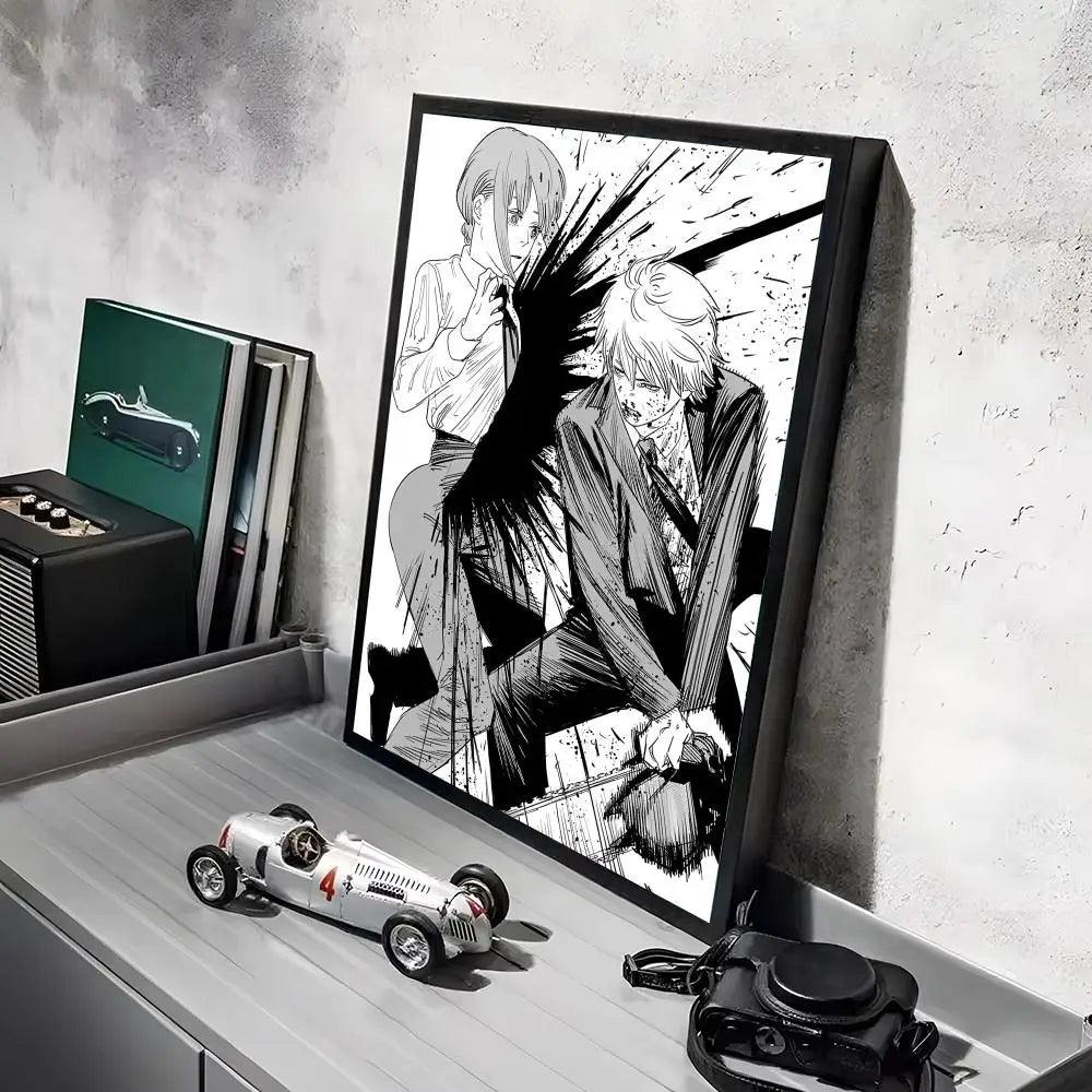 Anime wall art featuring a character in a dark suit and white hair against a black background.
