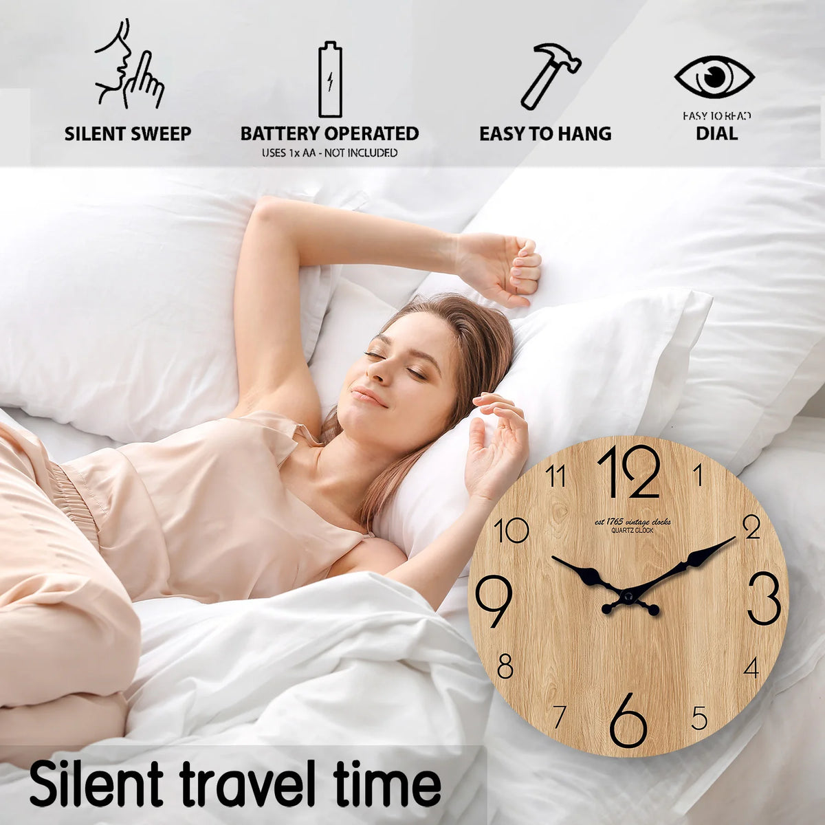 A wooden wall clock is shown next to a woman sleeping in bed, illustrating silent travel time.