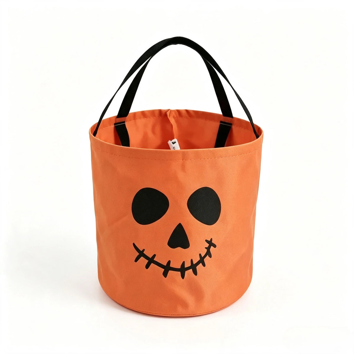 An orange Halloween trick-or-treat bag with a black jack-o'-lantern face and black handles.