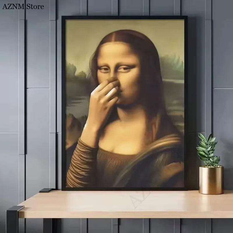 A framed print featuring a portrait of a woman with a hand near her mouth, displayed on a gray wall.
