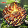 Illustration plate d'un steak et saucisses grillés sur un barbecue en bois avec des flammes, en cadre naturel.