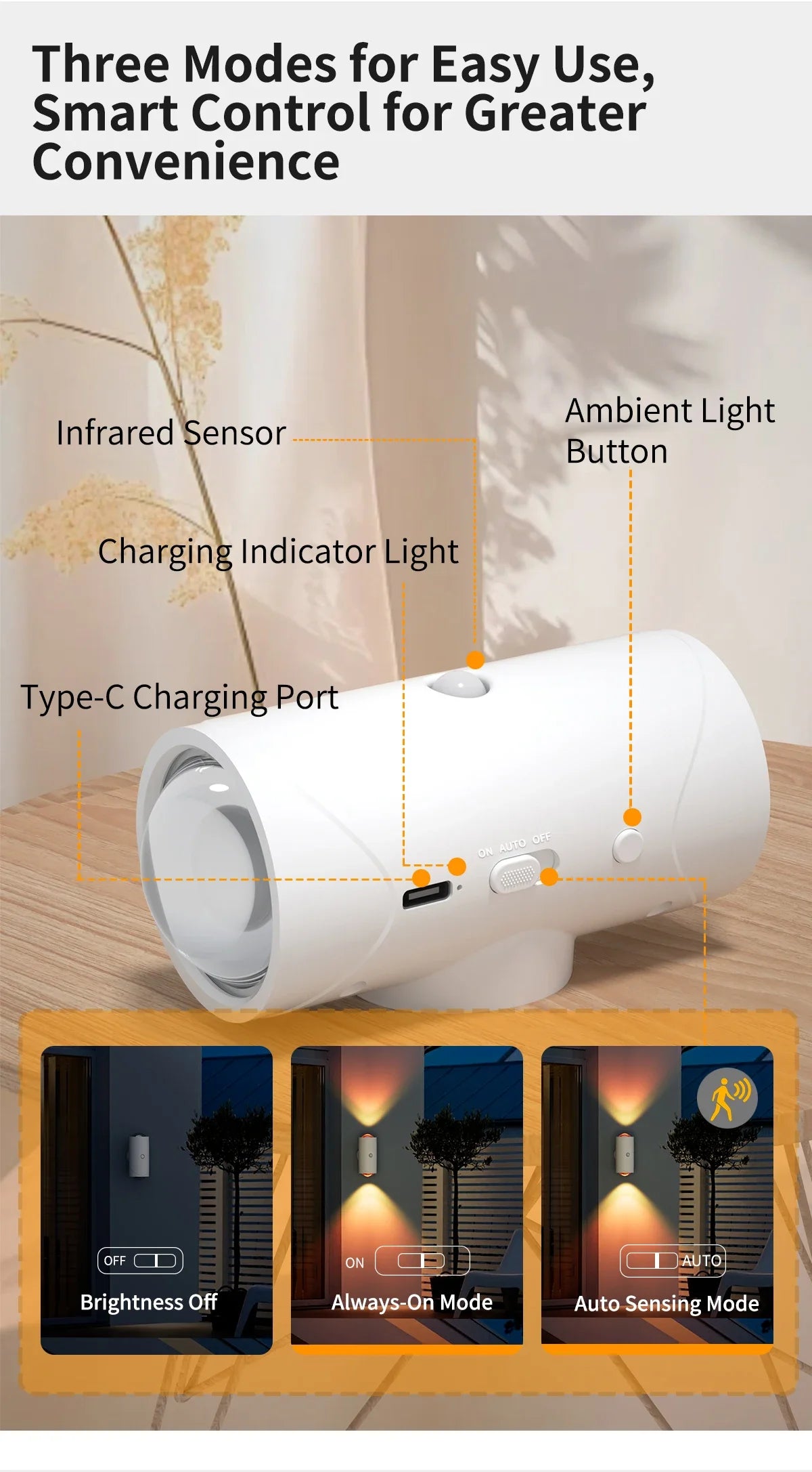 ضوء حائط LED أبيض بحساس حركة، يعرض ثلاث أوضاع: إيقاف، تشغيل دائم، واستشعار تلقائي.