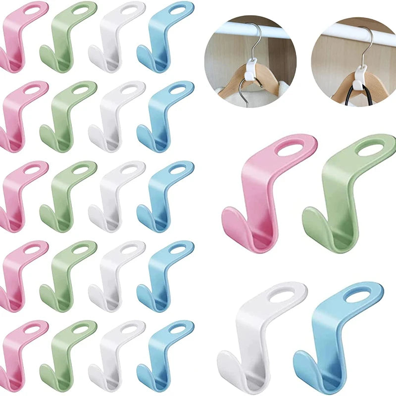 A collection of space-saving cascading hanger connector hooks in various colors and finishes for wardrobe organization.
