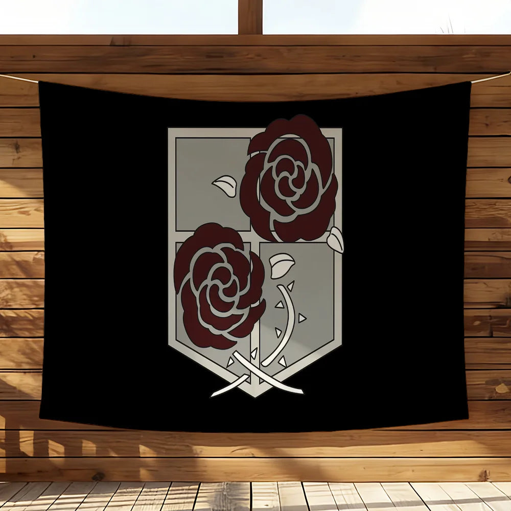 A dark banner featuring a heraldic crest design of a red rose on a gray shield, displayed against a wooden background.