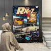 A poster featuring a Mazda RX-7 car in a synthwave style, displayed on a wall.