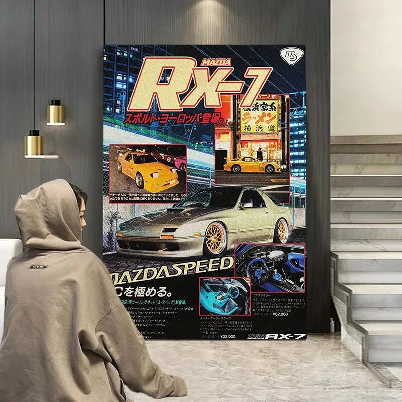 A poster featuring a Mazda RX-7 car in a synthwave style, displayed on a wall.
