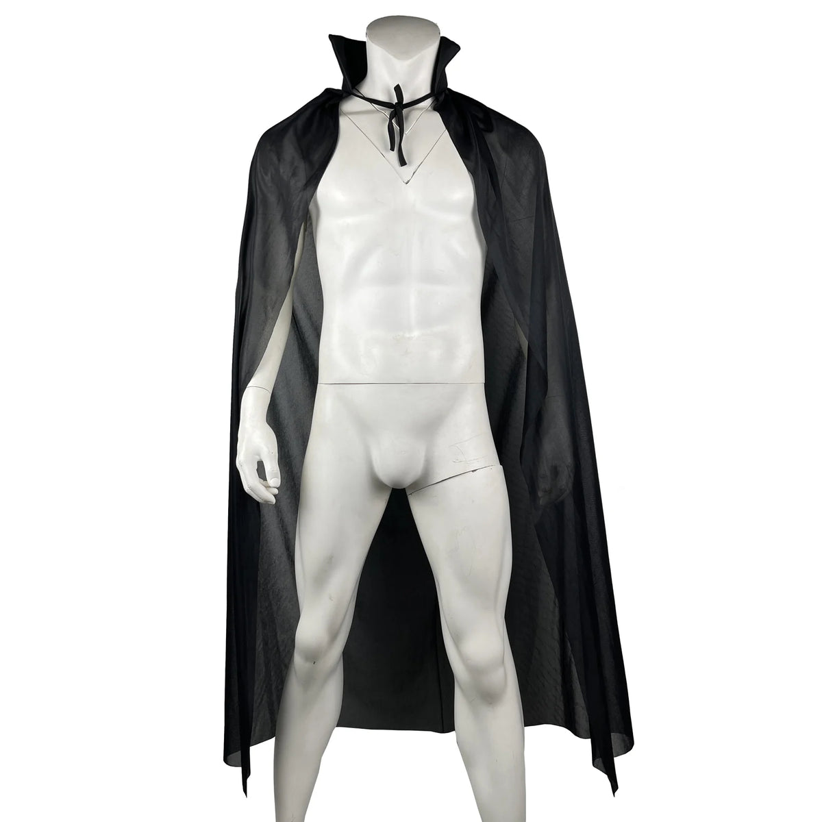 A mannequin displays a classic black hooded cape for Halloween and cosplay.