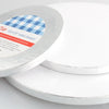 A set of round cake boards, including a blue and white checkered board, is shown in silver and white.