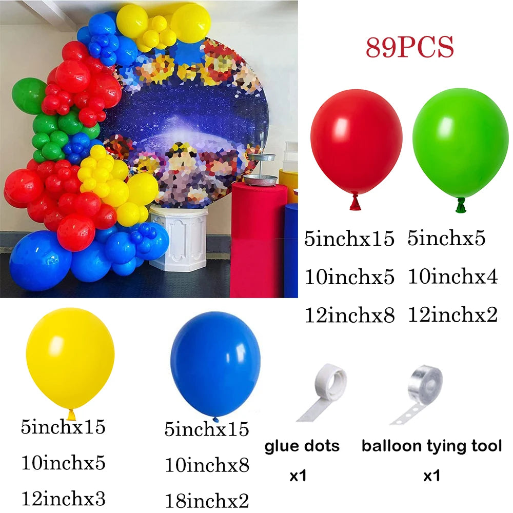 A kit for creating a rainbow carnival balloon garland arch with star foil accents, including various colored balloons and too