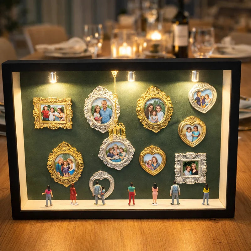 Gerahmte Harz-Silhouette-Erinnerungsbox mit verschiedenen Porträtsilhouetten, beleuchtet durch warmes Licht.