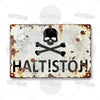 A distressed, rusty metal sign featuring a skull and crossbones symbol and the text HALT!STÓJ!
