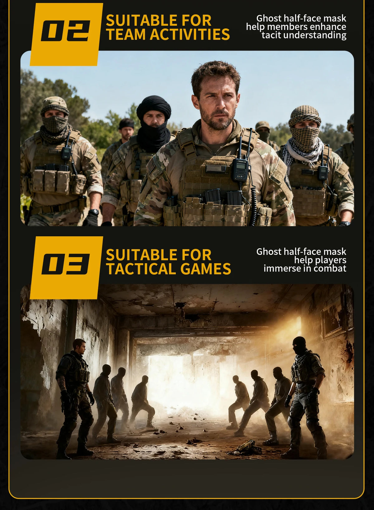 A graphic showing two sections: one suitable for team activities and another for tactical games.