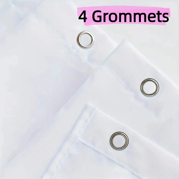 Four silver grommets are visible on a white fabric, likely a custom printed polyester flag.